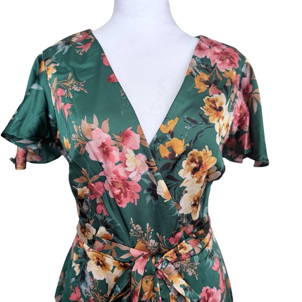 New Nikole Miller NY Floral Wrap Satin Midi Dress Ruffle Green Sz 8 Festival - Picture 4 of 9